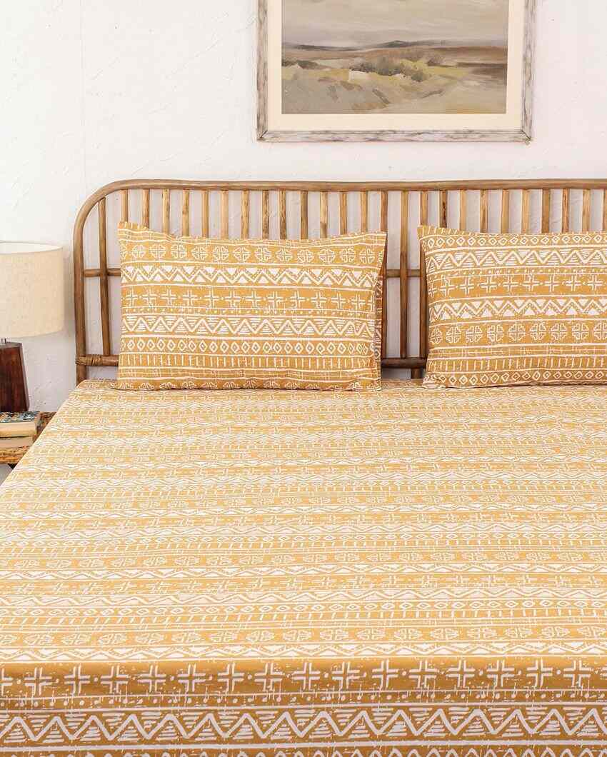 Kullu Patti Yellow Cotton Double Bed Sheet Set with 1 Double Dohar