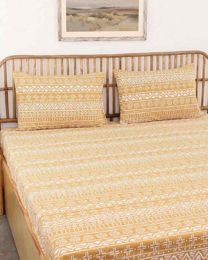 Kullu Patti Yellow Cotton Double Bed Sheet Set with 1 Double Dohar