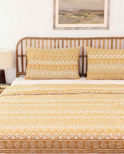 Kullu Patti Yellow Cotton Double Bed Sheet Set with 1 Double Dohar