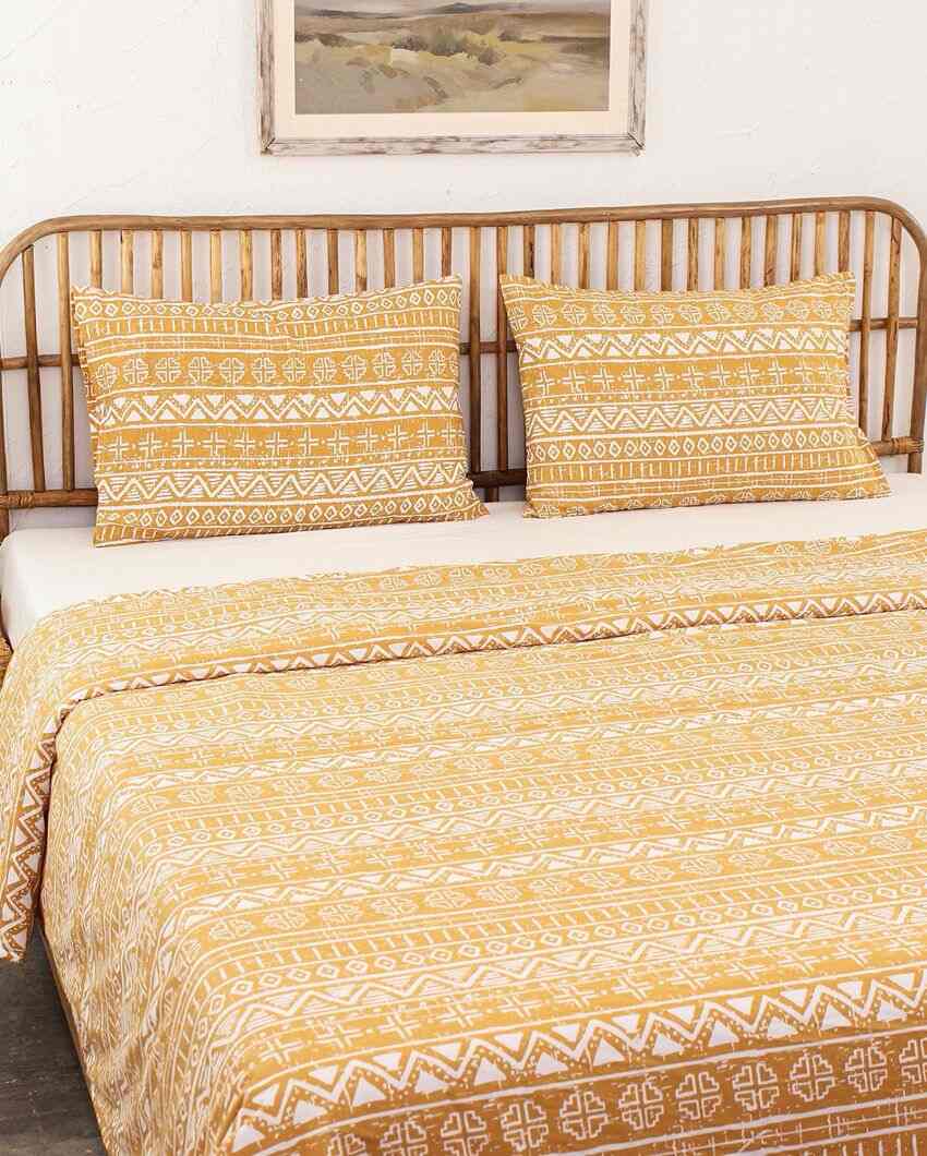 Kullu Patti Yellow Cotton Double Bed Sheet Set with 1 Double Dohar