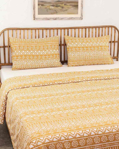 Kullu Patti Yellow Cotton Double Bed Sheet Set with 1 Double Dohar