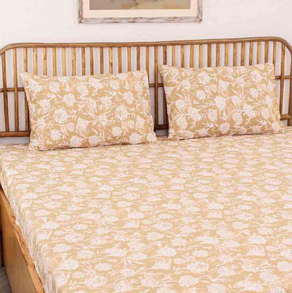 Beige Genda Phool Cotton Bedding Set With Pillow Cover | King Size | 108 x 108 Inches