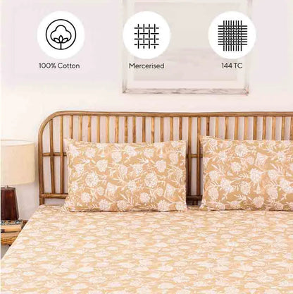 Beige Genda Phool Cotton Bedding Set With Pillow Cover | King Size | 108 x 108 Inches