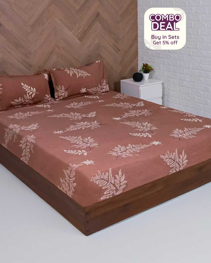 Elegant Brown Leaf Polycotton Bedsheet | Pack of 3