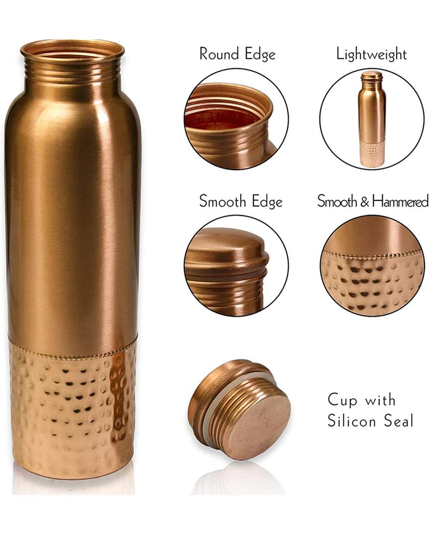 Round Half Hammered Design Pure Copper Water Bottle | 1L | 3 x 11 inches