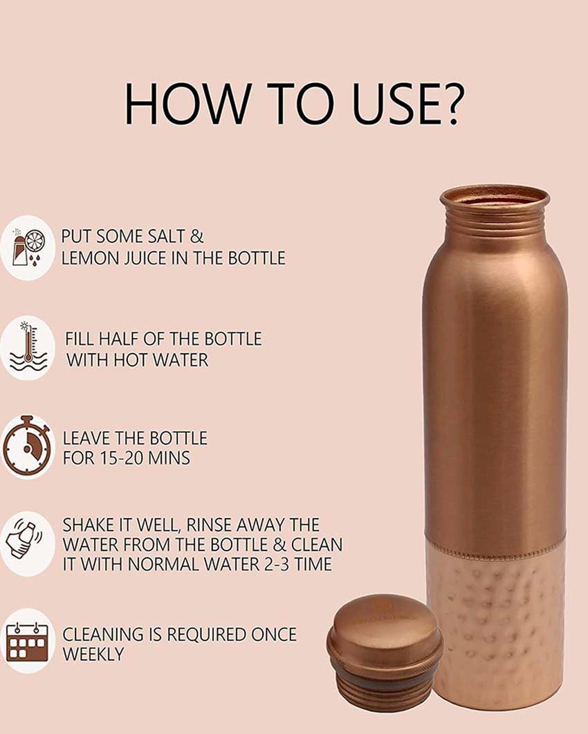 Round Half Hammered Design Pure Copper Water Bottle | 1L | 3 x 11 inches