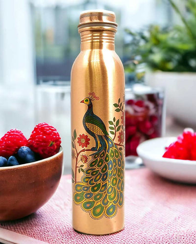 Traditional Peacock Design For Daily Hydration Pure Copper Water Bottle | 1L | 3 x 11 inches