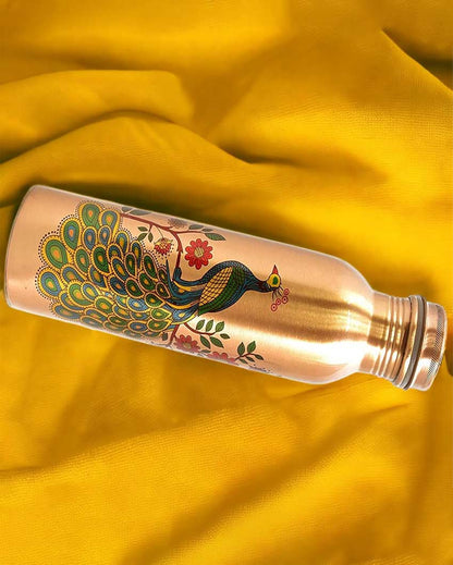 Traditional Peacock Design For Daily Hydration Pure Copper Water Bottle | 1L | 3 x 11 inches