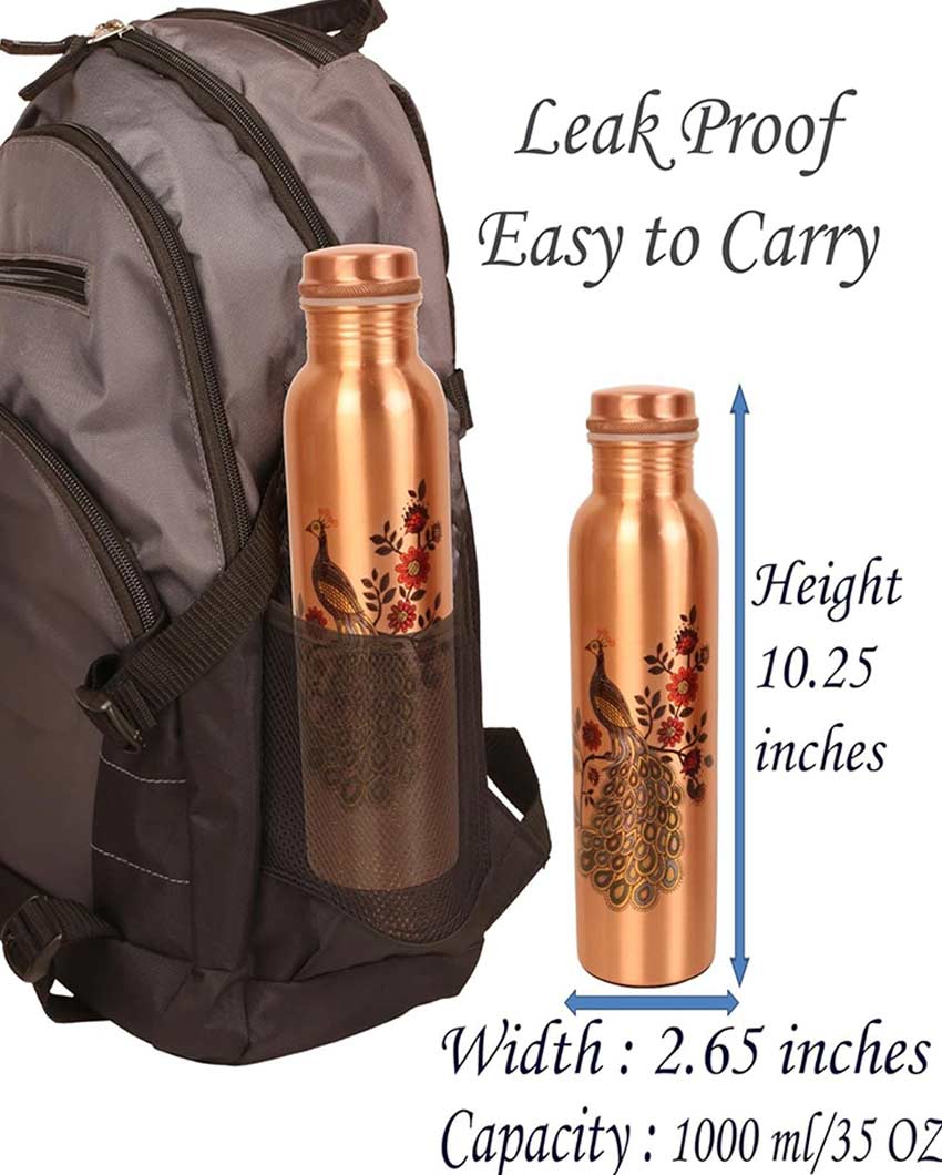 Traditional Peacock Design For Daily Hydration Pure Copper Water Bottle | 1L | 3 x 11 inches