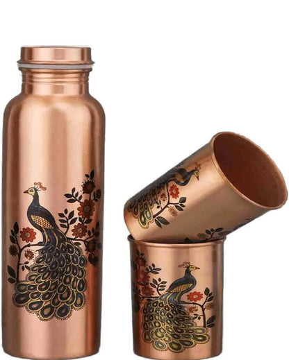 Exquisite Peacock Design Water Storage Pure Copper Bottle With Two Glasses Set | Pack of 3 | 1L