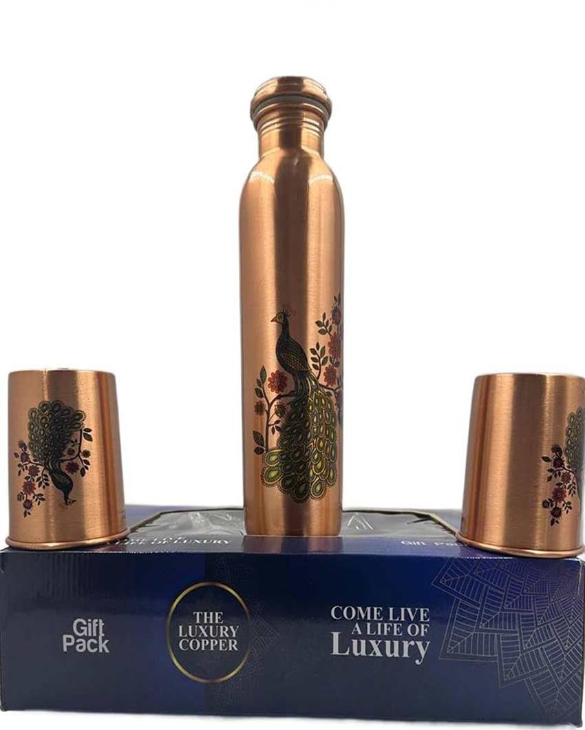 Exquisite Peacock Design Water Storage Pure Copper Bottle With Two Glasses Set | Pack of 3 | 1L