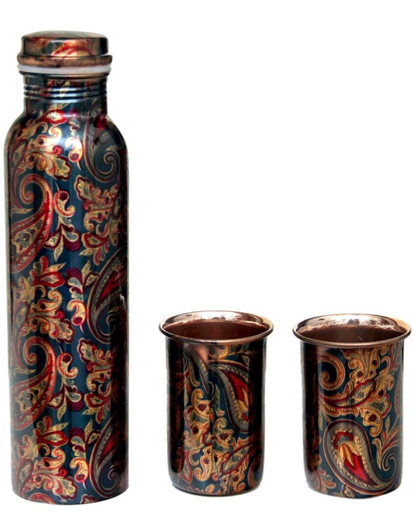 Meenakari Traditional Water Storage Pure Copper Bottle With Two Glasses Set | Pack of 3 | 750 ML