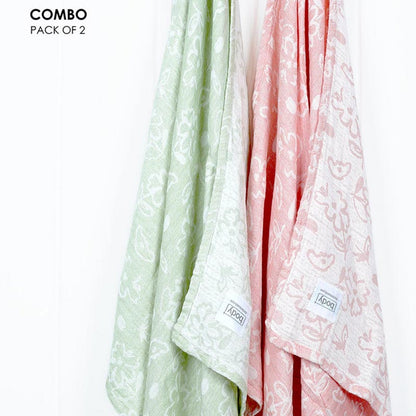 Banana Jacquard  Floral Face Towel | Set of 2 Pastel Green |  Coral