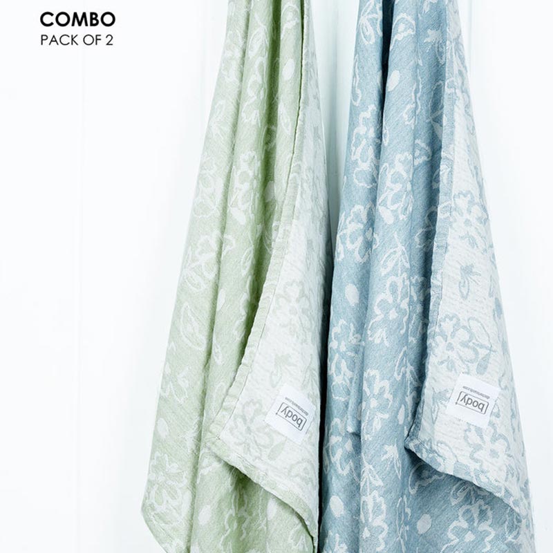 Banana Jacquard  Floral Face Towel | Set of 2 Pastel Green |  Chalk Blue