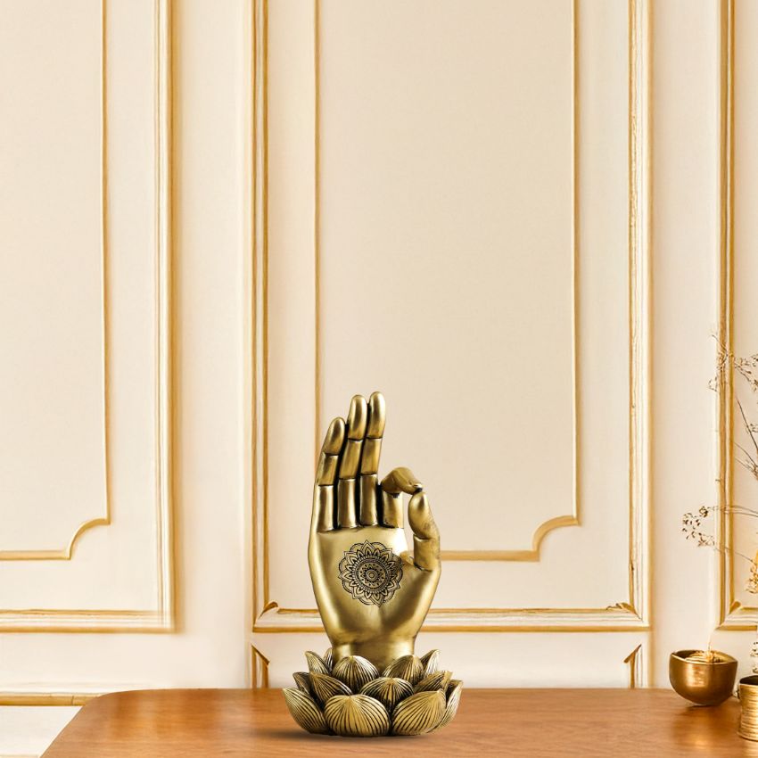 Elegant Polished Golden Buddha Lotus Palm Decor Showpiece | 4 x 8 inches