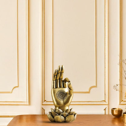 Elegant Polished Golden Buddha Lotus Palm Decor Showpiece | 4 x 8 inches