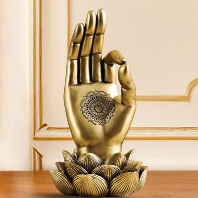 Elegant Polished Golden Buddha Lotus Palm Decor Showpiece | 4 x 8 inches