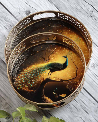 Black Peacock Set of Metal Trays | Set of 2