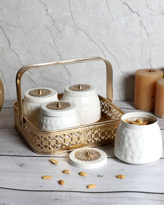 Gold & White Basket With Iron Jar | Set Of 4