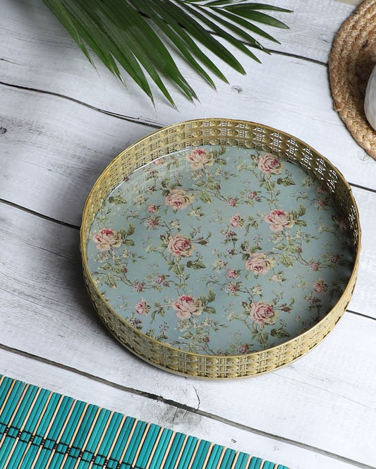 Green Pink Flower Iron Tray
