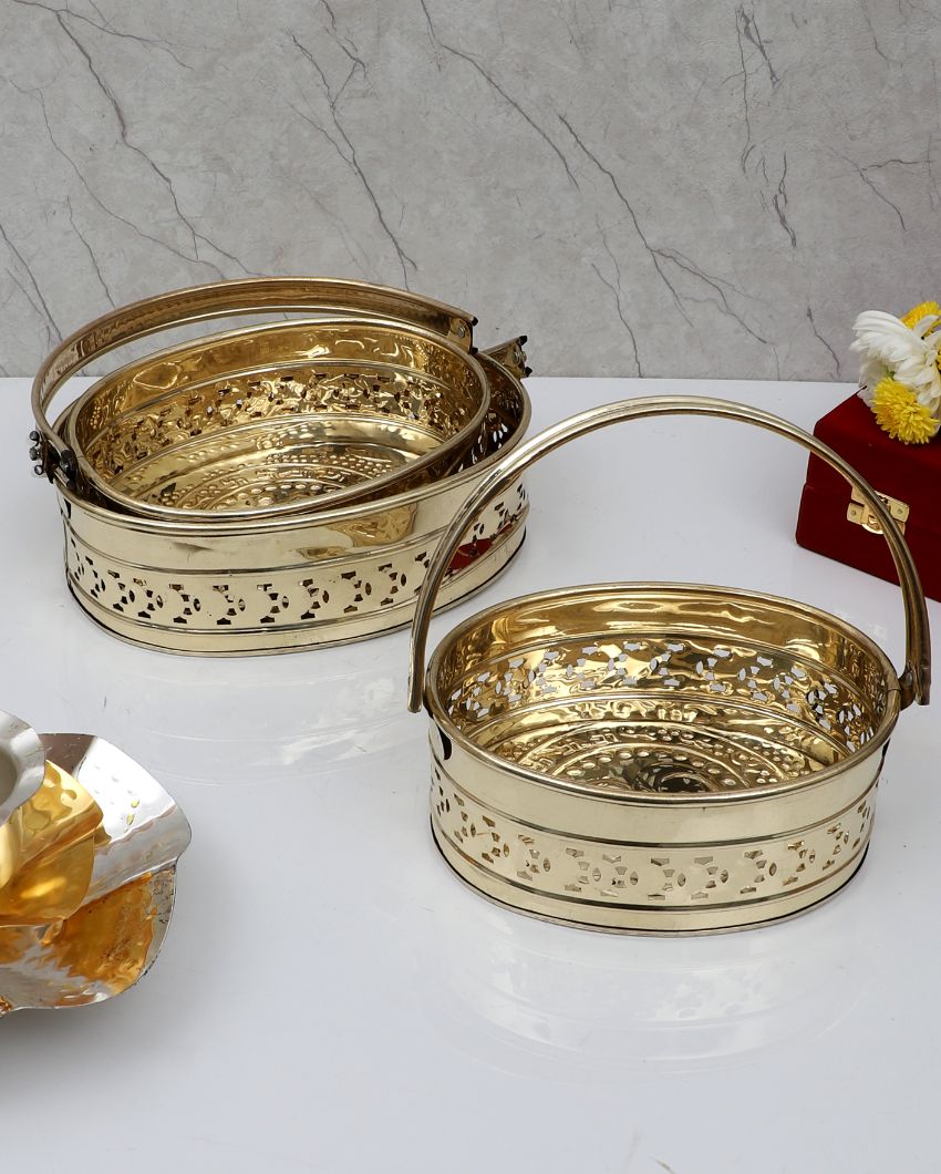 Oval Pooja Gifting Brass Basket | Set Of 3