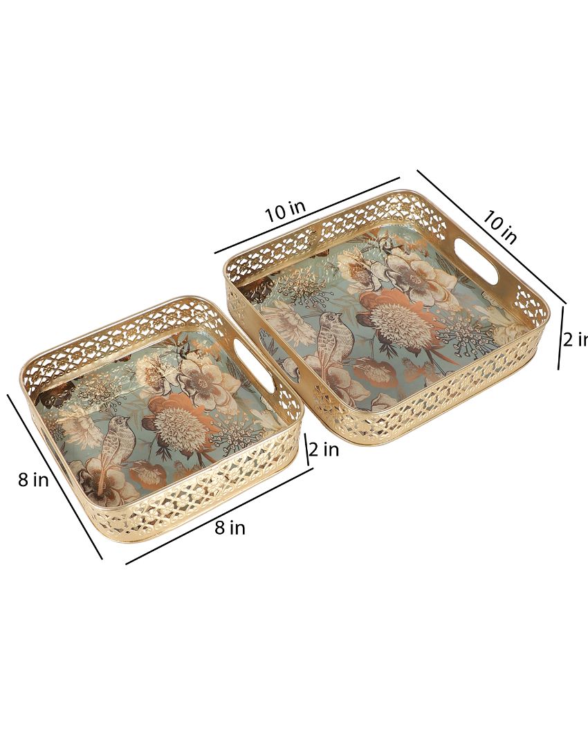 Square Flower Iron Tray | Set Of 2