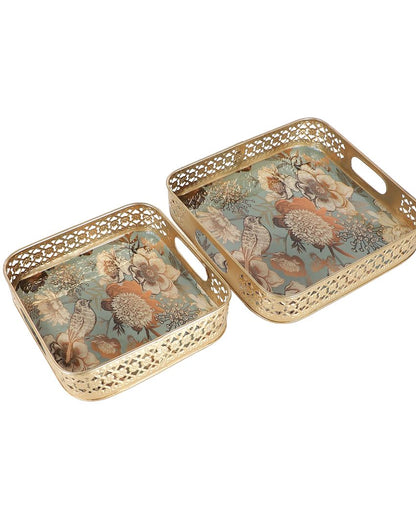 Square Flower Iron Tray | Set Of 2