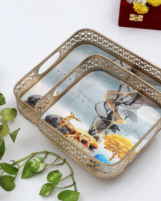 Square Gold Deer Tray | Set Of 2