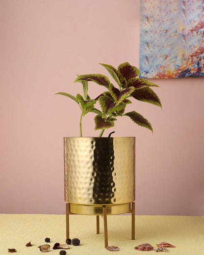 Ember Gold Hammered Metal Planter with Stand | Plant not included