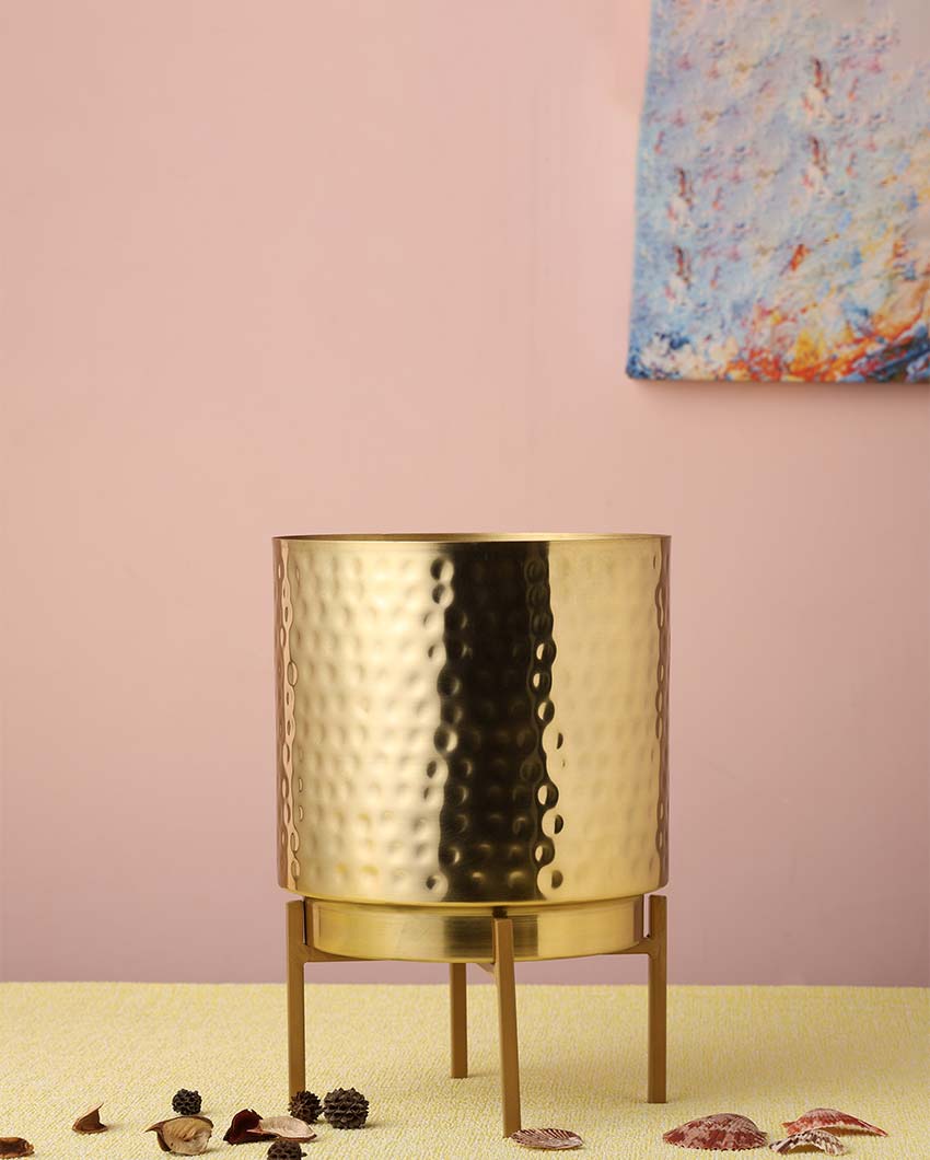 Ember Gold Hammered Metal Planter with Stand | Plant not included