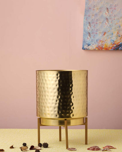 Ember Gold Hammered Metal Planter with Stand | Plant not included