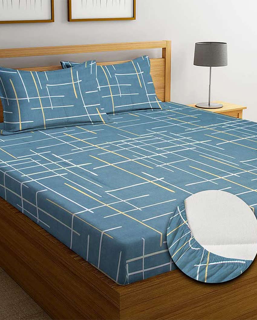 Luxury King Size Cotton Elastic Fitted Blue Printed Bedding Set | Pack of 3