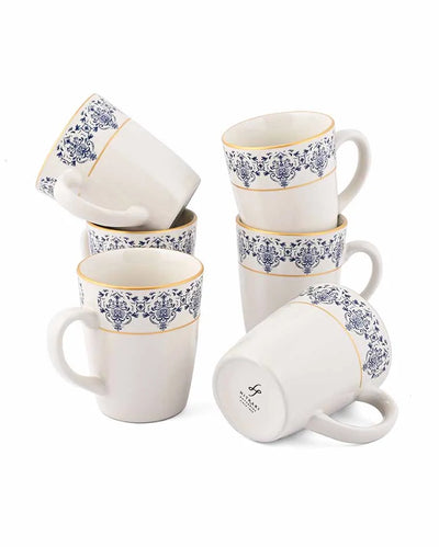 Classic Blue Tapestry Porcelain Coffee Mugs | Set of 6