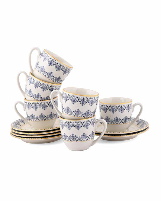 Traditional Art Tapestry Porcelain Cups & Saucers | Set Of 12