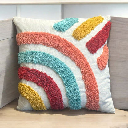 Charming Rainbow Motif Tufted Cushion Cover | 16x16 Inches