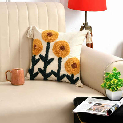 Sunflower Pattern Tufted Cotton Cushion Cover | 16 × 16 Inches | Single