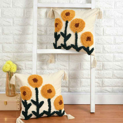 Sunflower Pattern Tufted Cotton Cushion Cover | 16 × 16 Inches