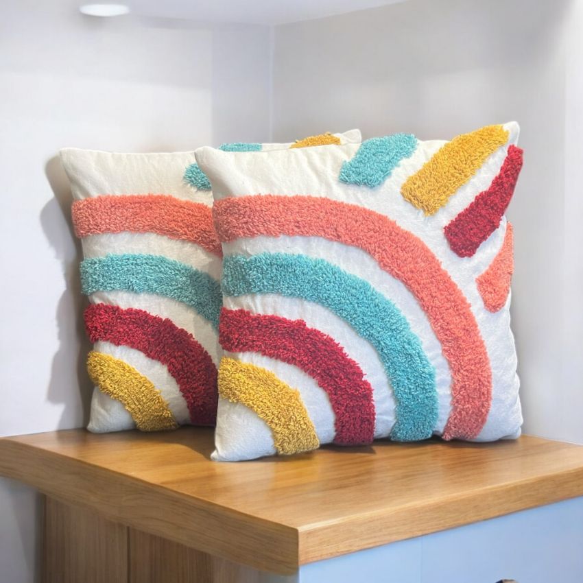 Charming Rainbow Motif Tufted Cushion Cover | 16x16 Inches