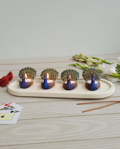 Quad Peacock Attached Tealight Stand Platter| Blue  |38 x 15 x 2 cm / 15 x 6 inches