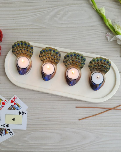 Quad Peacock Attached Tealight Stand Platter| Blue  |38 x 15 x 2 cm / 15 x 6 inches