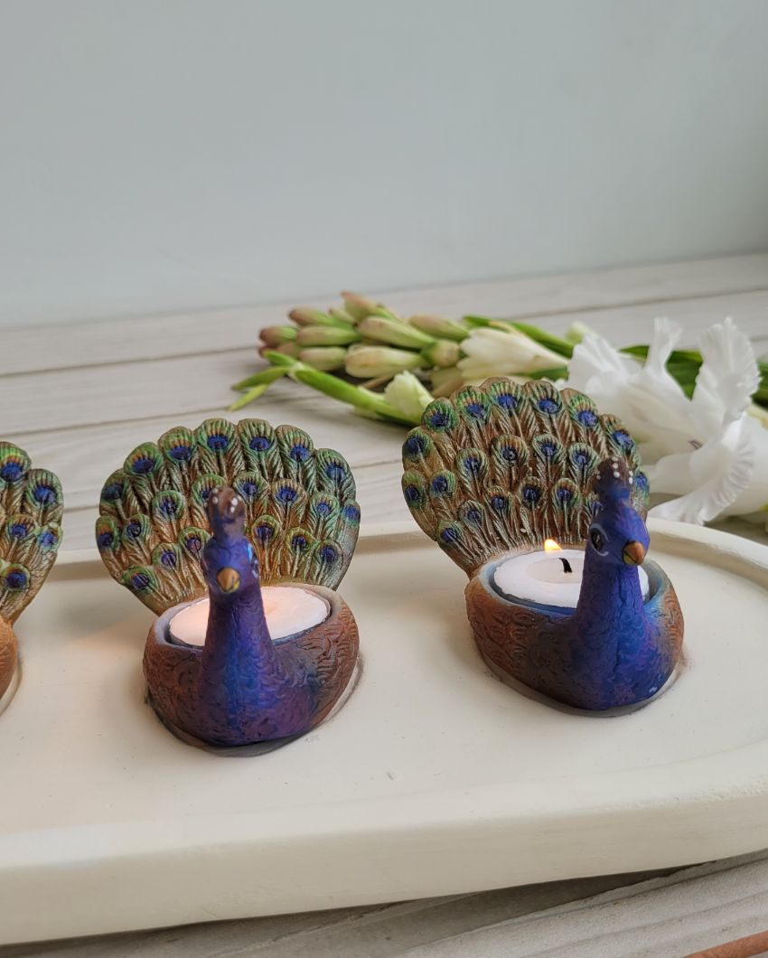 Quad Peacock Attached Tealight Stand Platter| Blue  |38 x 15 x 2 cm / 15 x 6 inches