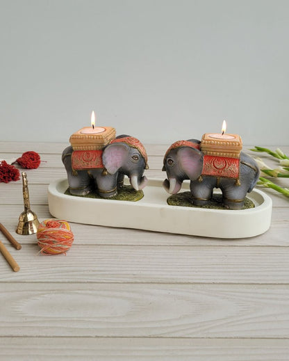 Duo Elephant Attached Tealight Stand Platter | 35 x 15 x 5 cm/14 x 6 inches