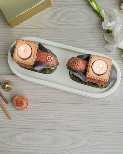 Duo Elephant Attached Tealight Stand Platter | 35 x 15 x 5 cm/14 x 6 inches