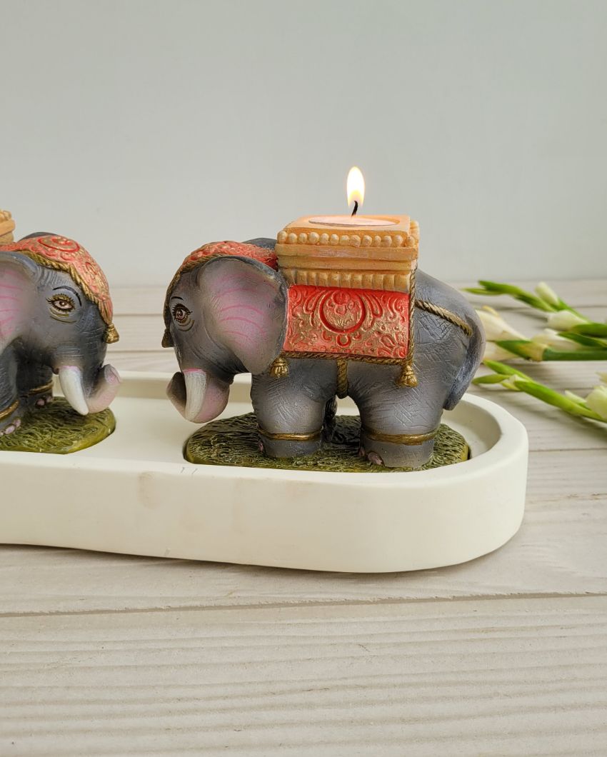 Duo Elephant Attached Tealight Stand Platter | 35 x 15 x 5 cm/14 x 6 inches