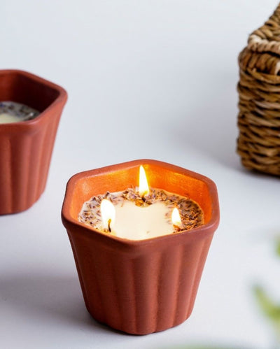 Lavender Hemp Oil Scented Earthen Pot Candle | Set of 4 | 3 x 4 inches