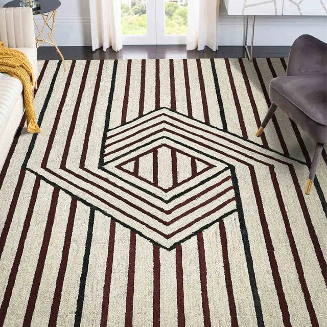 Ivory Wool & Viscose Striped Hand-Tufted Rug Carpet