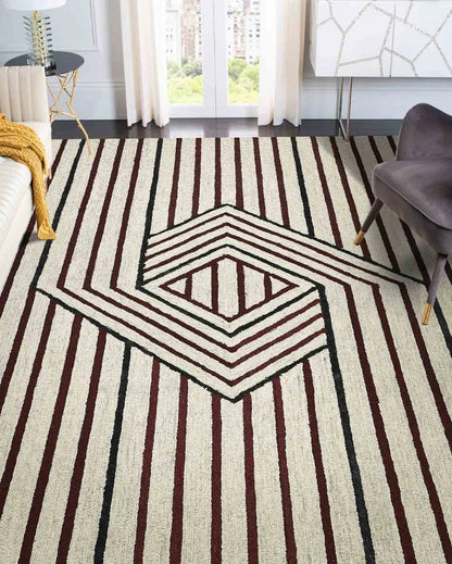 Ivory Wool & Viscose Striped Hand-Tufted Rug Carpet