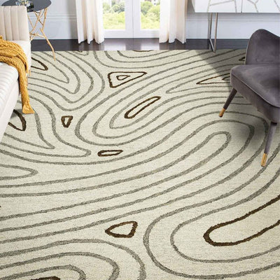 Ivory Wool & Viscose Striped Pattern Hand Tufted Rug Carpet