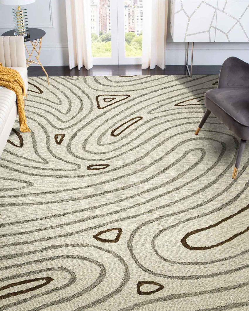 Ivory Wool & Viscose Striped Pattern Hand Tufted Rug Carpet