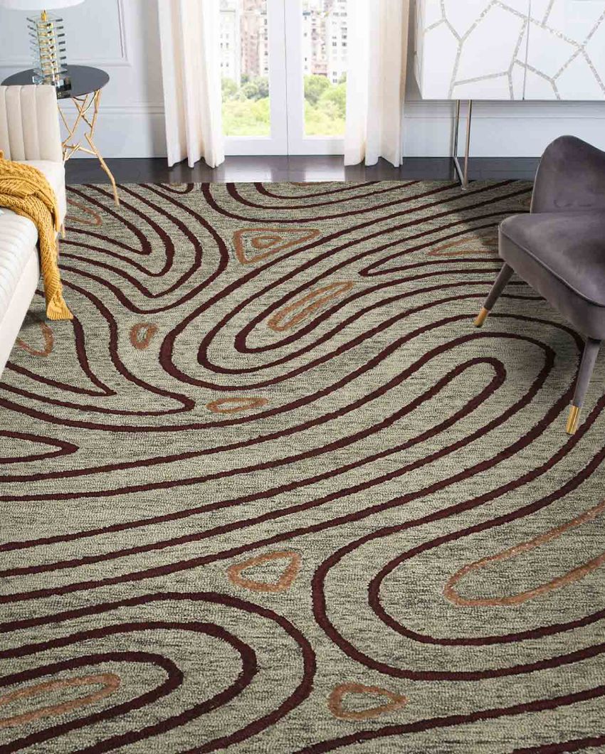 Khaki Wool & Viscose Striped Pattern Hand Tufted Rug Carpet